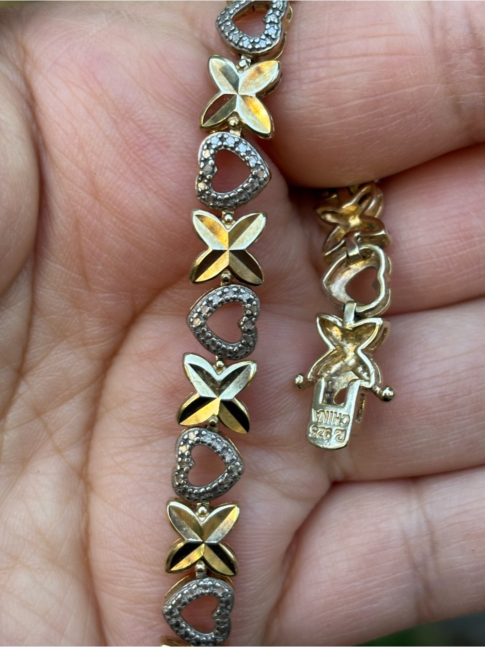 925 Gold Over Sterling Heart Flower CZ Bracelet 7.5”